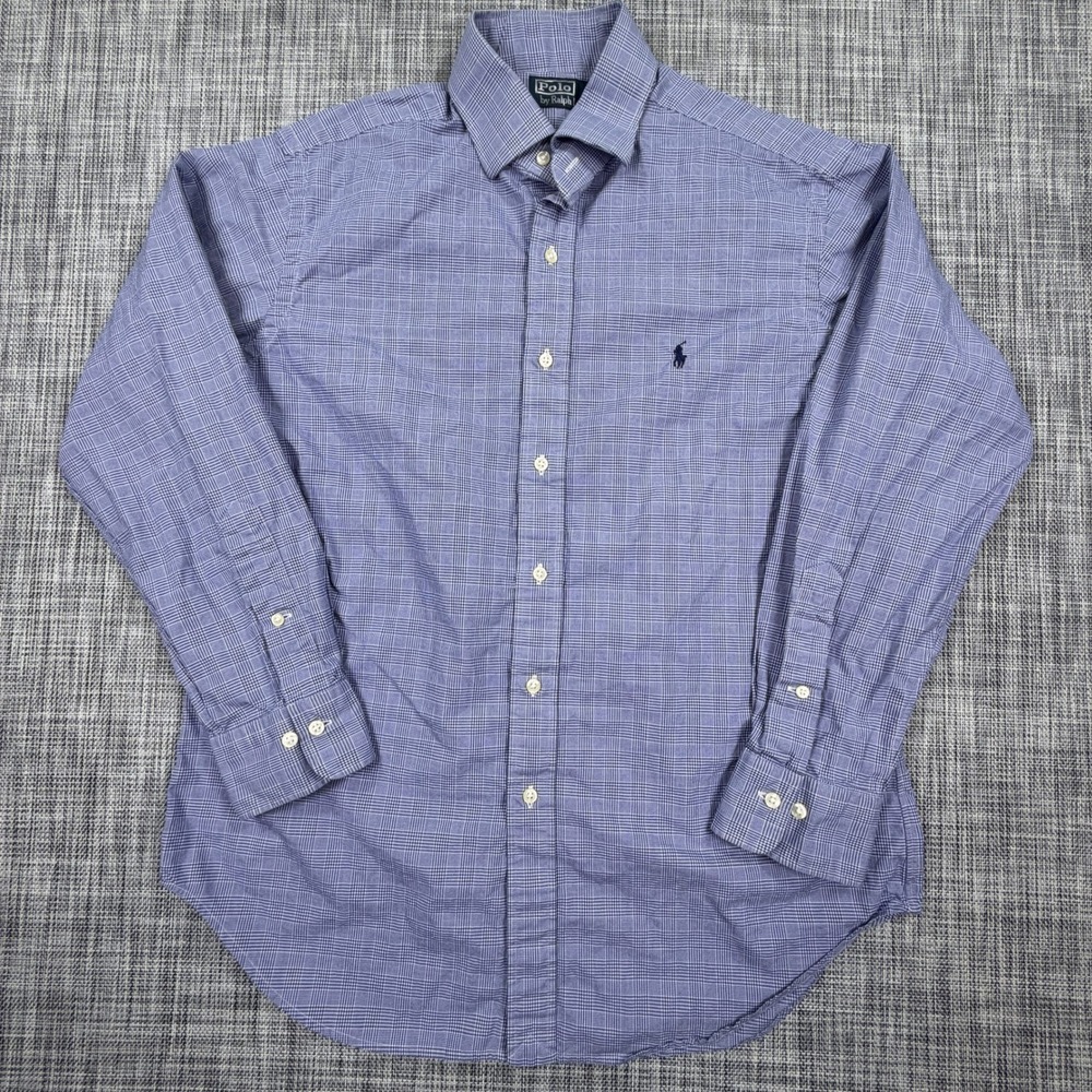Polo Ralph Lauren Mens 16 32/33 Blue White Micro Check Dress Shirt Long Sleeve
